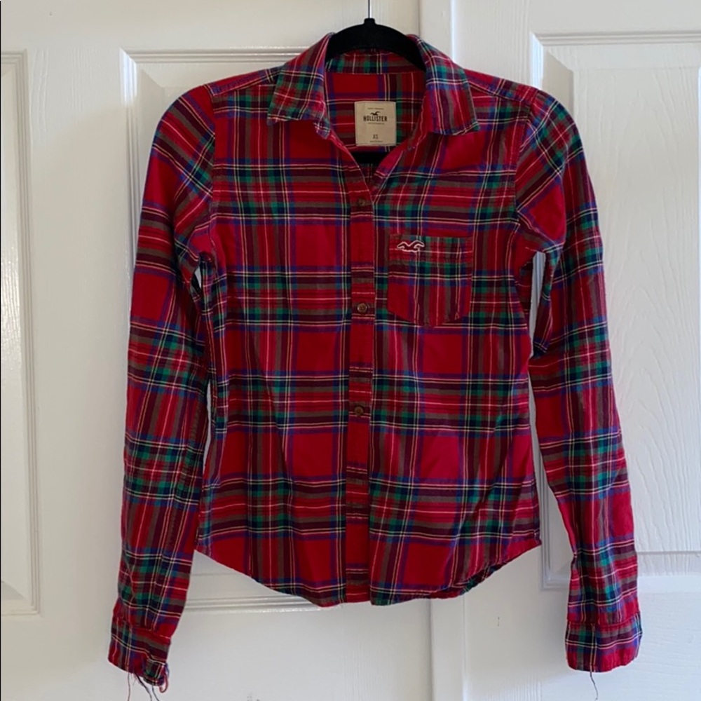 Hollister Red and Green Plaid Flannel Button Down
